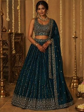 Embroidered Teal Lehenga Set Size Medium- Large